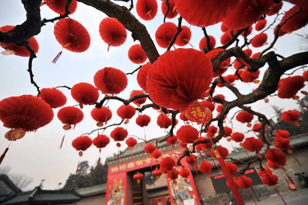 Bir Ağaç Bir Tapınak Yaklaşan Çin Yeni Yıl Veya Bahar — Stok fotoğraf