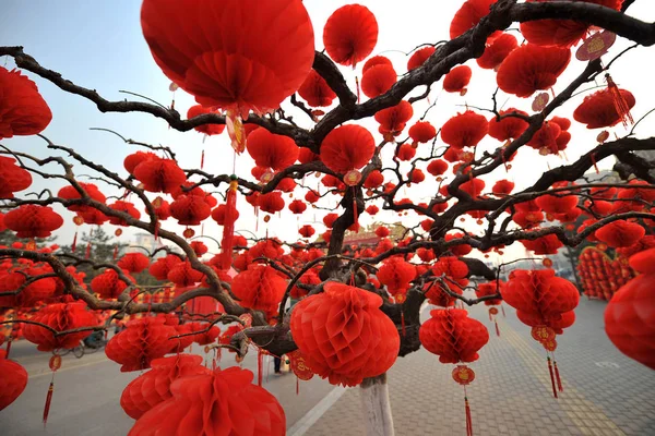 Röda Lyktan Formade Dekorationer Hänga Ett Träd Framför Ett Tempel — Stockfoto