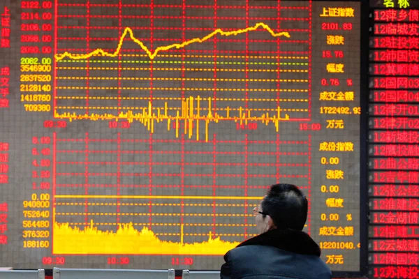 2014年2月11日 中国东部安徽省淮北市一家股票经纪公司的股票指数出现在中国投资者的视野中 — 图库照片