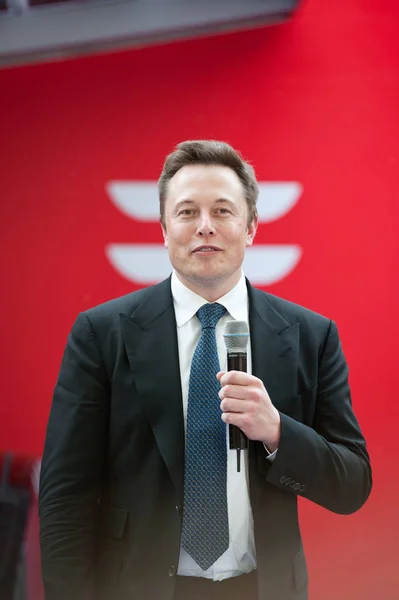 Tesla Ceo Elon Musk Speaks Delivery Ceremony First Model Electric — Stock Photo, Image