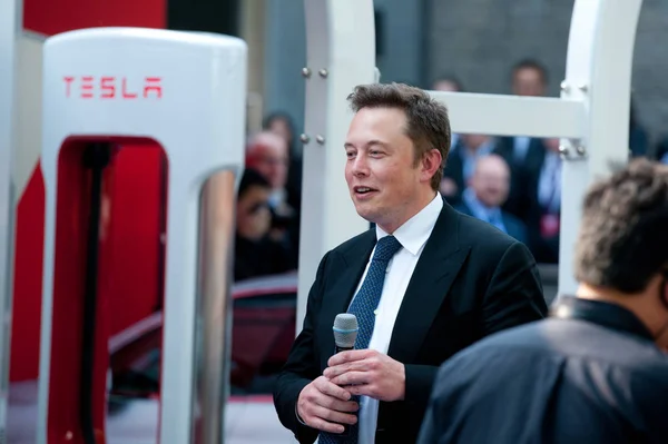 Tesla Ceo Elon Musk Speaks Delivery Ceremony First Model Electric — Stock Photo, Image