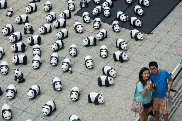 Los Visitantes Toman Selfies Frente Los Pandas Papel Creados Por — Foto de Stock