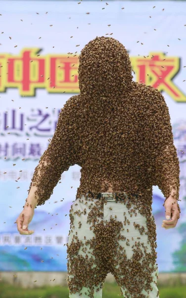 2014年5月13日 在中国东部江西省宜春市明岳山国家公园明岳广场举行的2014年吉尼斯中国之夜 中国养蜂人任良明被蜜蜂覆盖 创造了新的吉尼斯世界纪录 — 图库照片