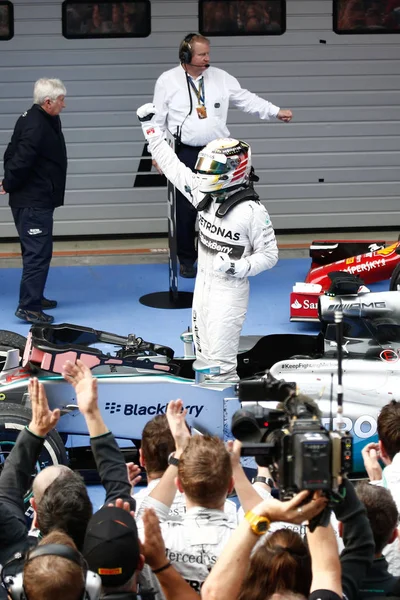 2014 年の間に最初に仕上げの後を祝うイギリス ドライバーのルイス ハミルトン メルセデス Amg ペトロナス チームのフォーミュラ 中国グランプリは 2014 — ストック写真