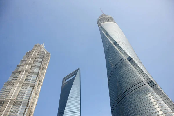 Zobacz Shanghai Tower Budowie Prawo Shanghai World Financial Center Centrum — Zdjęcie stockowe