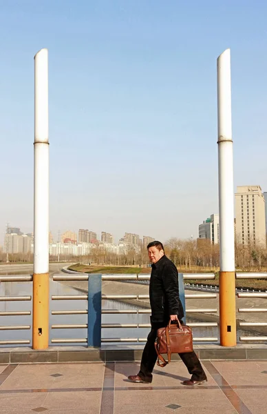 Peatón Pasea Junto Farolas Forma Cigarrillo Puente Ciudad Zhengzhou Provincia — Foto de Stock