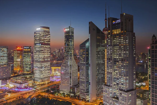 Vue Nuit Des Immeubles Grande Hauteur Des Gratte Ciel Quartier — Photo