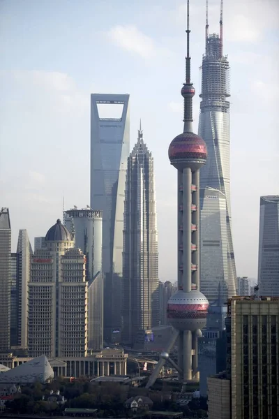 Вид Lujiаui Фінансовий Округ Шанхайської Вежі Під Будівництво Найвищий Східна — стокове фото