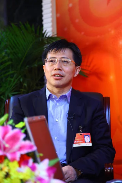 Wenlin Dåvarande Borgmästare Haikou City Intervjuas Vid Den Plenarsessionen Den — Stockfoto