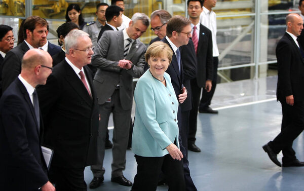 German Chancellor Angela Merkel Center Accompanied Volkswagen Ceo Martin Winterkorn Stock Image