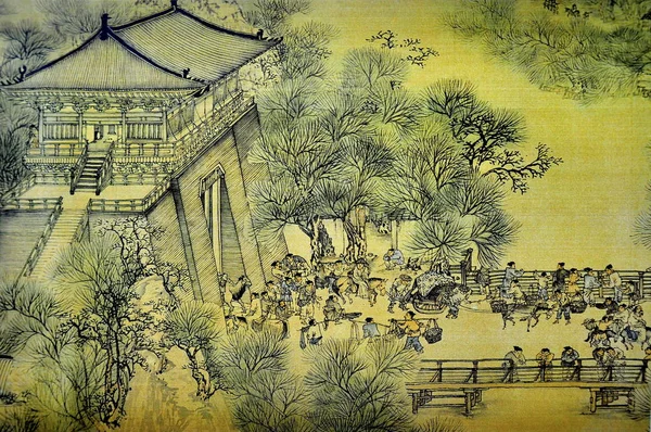 2010年6月30日 北宋画家张泽瑞创作的 清明上河图 清明节河畔场景 部分复制品 — 图库照片