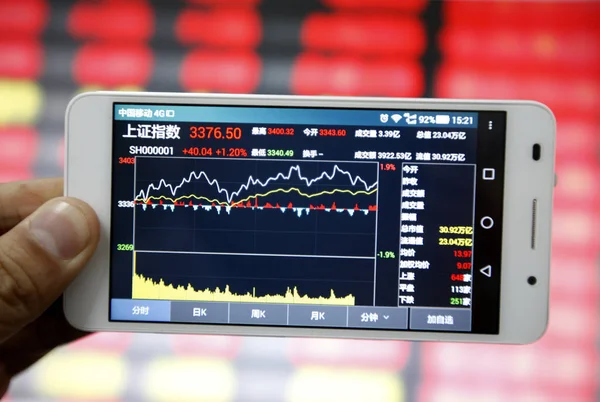 2015年1月16日 中国投资者在中国东部安徽省淮北市一家股票经纪公司展示了他的智能手机 显示了上证综指 — 图库照片