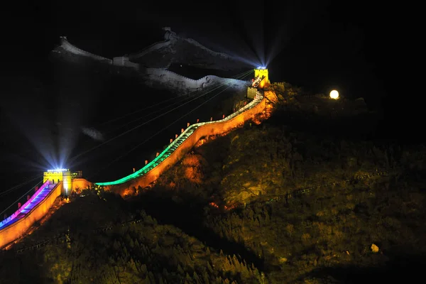 Section Badaling Grande Muraille Est Décorée Lumières Colorées Lasers Pour — Photo