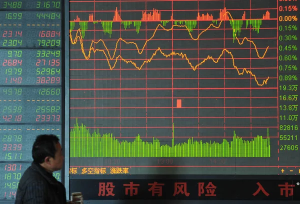 Китайський Інвестор Дивиться Біржові Індекс Фондових Брокерських Будинку Fuyang Місто — стокове фото