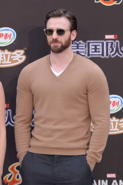 Ator Americano Chris Evans Posa Durante Uma Conferência Imprensa Para — Fotografia de Stock