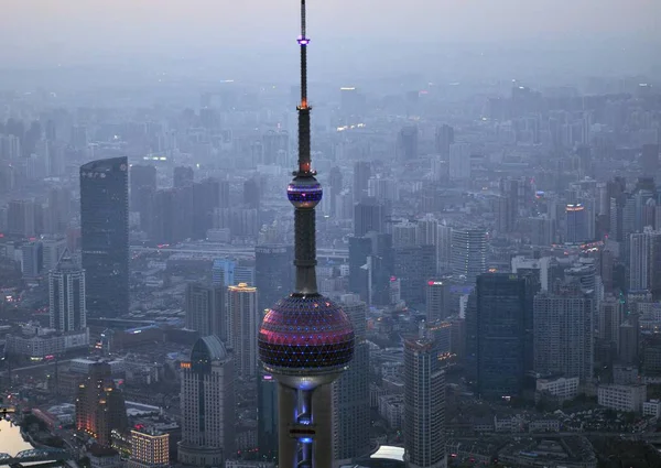 Oriental Pearl Tower Világít Kék Fény Hogy Jelölje Meg Világ — Stock Fotó