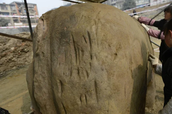 Arqueólogo Chinês Limpa Uma Besta Pedra 000 Anos Idade Descoberta — Fotografia de Stock