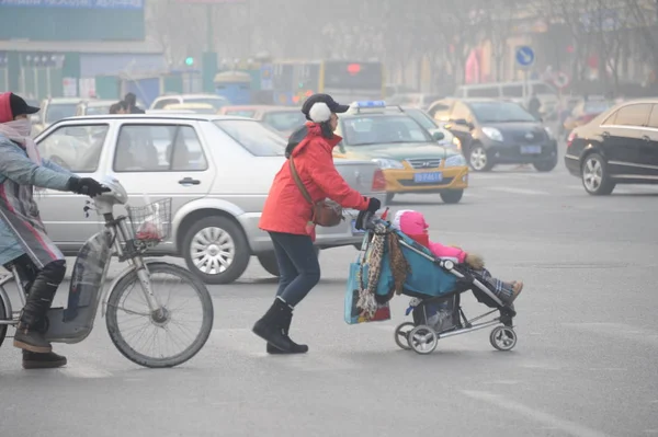 Файл Велосипедист Женщина Толкающие Ребенка Тележке Через Дорогу Смоге Пекине — стоковое фото