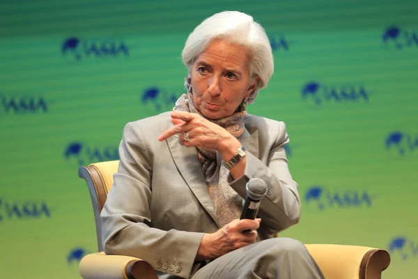 Christine Lagarde Výkonný Ředitel Mezinárodního Měnového Fondu Mmf Ukazuje Dialog — Stock fotografie