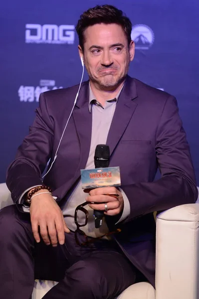 Amerikaanse Acteur Robert Downey Reageert Tijdens Een Persconferentie Voor Het — Stockfoto
