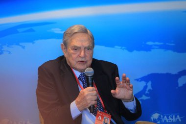 George Soros, chairman of Soros Fund Management and founder of The Open Society Institute, speaks at a sub-forum during the 2013 Boao Forum for Asia in Boao town, Qionghai city, south Chinas Hainan province, 8 April 2013. clipart