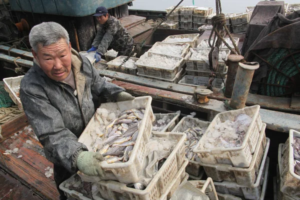 Pescadores Chineses Descarregam Cestas Peixe Barco Pesca Cais Cidade Zeku — Fotografia de Stock