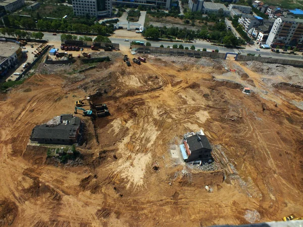 Aerial View Two Nail Houses Remaining Construction Site Gongqin Village — Stock Photo, Image