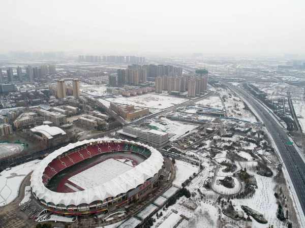 Cityscape High Rising Buildings Skyscrapers Covered Snow Heavy Snowfall Zhengzhou — стоковое фото