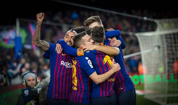 Spelers Van Barcelona Vieren Hun Zesde Doelpunt Tegen Sevilla Tijdens — Stockfoto