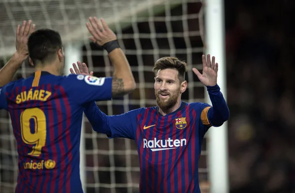 Lionel Messi Direita Luis Suarez Barcelona Comemoram Depois Marcar Gol — Fotografia de Stock