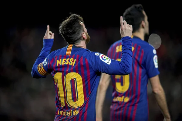 Lionel Messi Barcelona Celebra Después Anotar Gol Contra Sevilla Durante — Foto de Stock