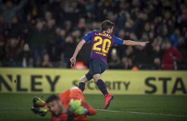 Sergi Roberto Barcelona Celebra Después Anotar Gol Contra Sevilla Durante —  Fotos de Stock