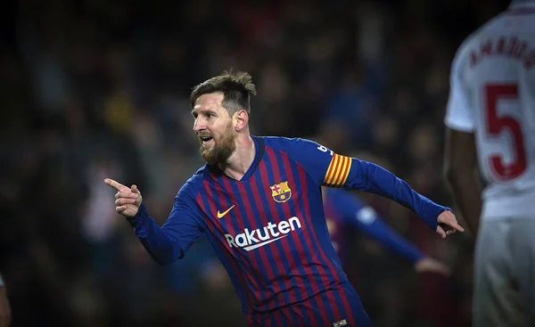 Lionel Messi Barcelony Cieszy Się Strzeleniu Gola Przeciwko Sevilla Drugim — Zdjęcie stockowe