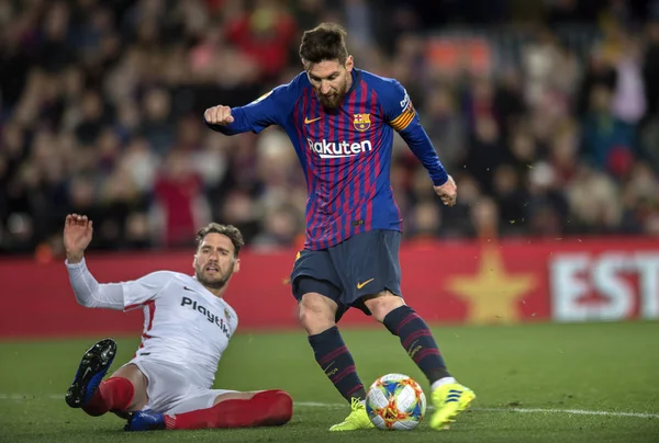Lionel Messi Barcelona Dispara Contra Sevilla Durante Segundo Partido Del — Foto de Stock