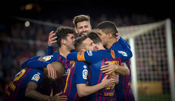 Lionel Messi Van Barcelona Viert Met Zijn Teamgenoten Het Scoren — Stockfoto