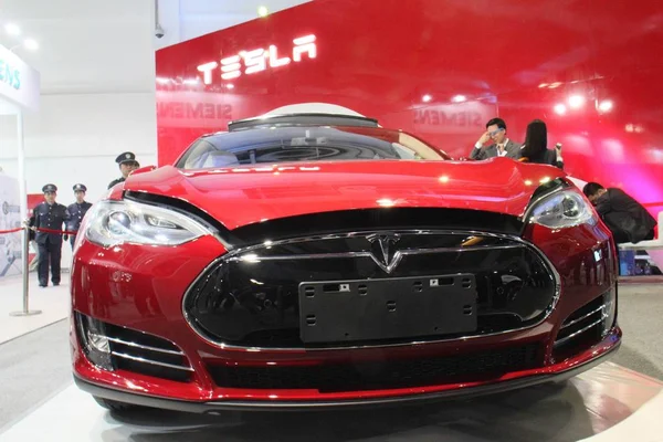 Tesla Model Elektromos Autó Jelenik Során Kína Shanghai Nemzetközi Technológiai — Stock Fotó