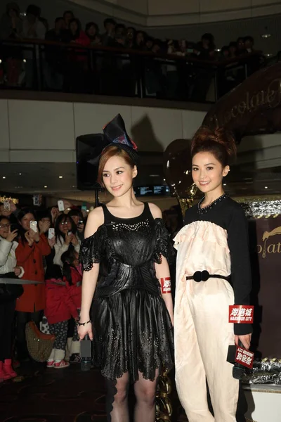2012年1月17日 香港双雄双胞胎的钟吉莲 和蔡夏琳在中国香港举行的 2012年巧克力之路 展览中摆姿势 — 图库照片