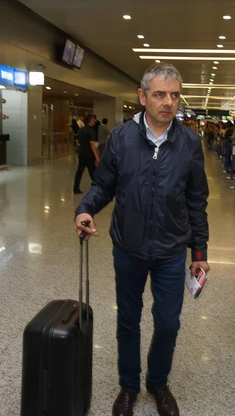 Acteur Anglais Rowan Atkinson Arrive Aéroport International Shanghai Pudong Après — Photo