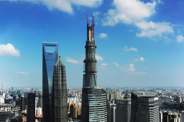 Skyline Lujiazui Фінансового Району Шанхай Башта Найвищою Під Будівництво Шанхайський — стокове фото