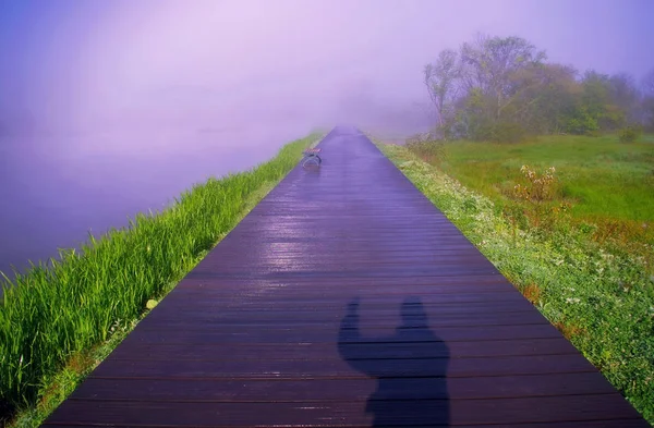 Turista Tira Fotos Nevoeiro Manhã Lago Big Nine Shennongjia Província — Fotografia de Stock