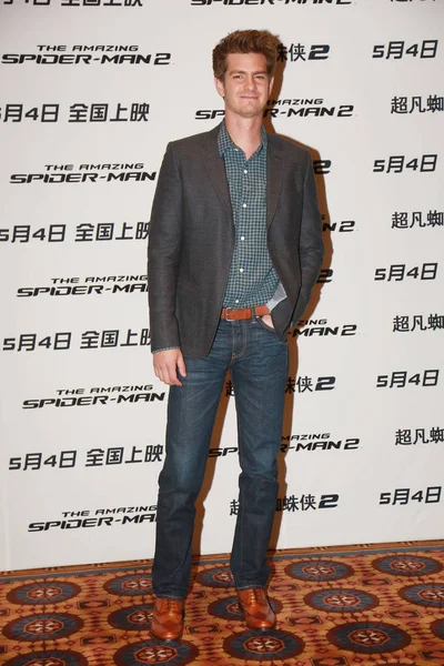 Amerykański Aktor Andrew Garfield Pozach Podczas Konferencji Prasowej Dla Swojego — Zdjęcie stockowe