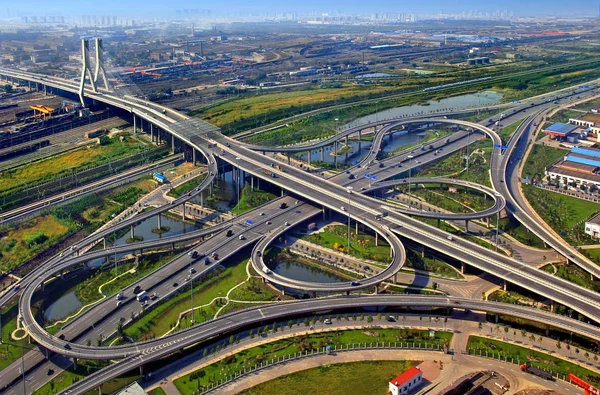 Skyline Van Binhai Nieuw Gebied Met Overtochten Van Snelwegen Tianjin — Stockfoto