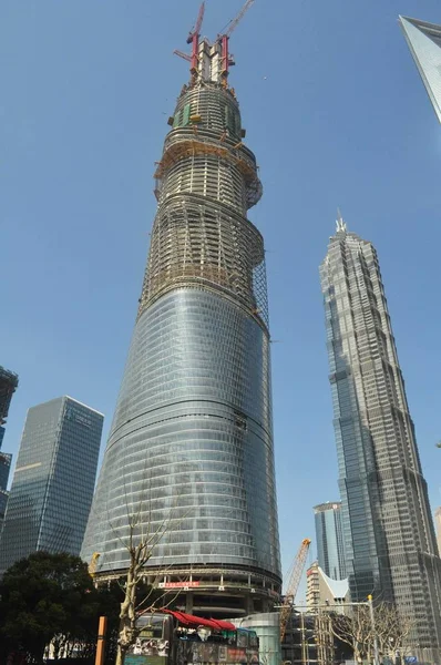 Torre Shanghai Centro Está Construcción Junto Torre Jinmao Derecha Otros —  Fotos de Stock