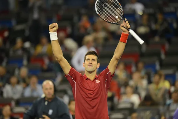 Novak Djokovic Aus Serbien Feiert Nachdem Den Dominierenden Australier Thiem — Stockfoto