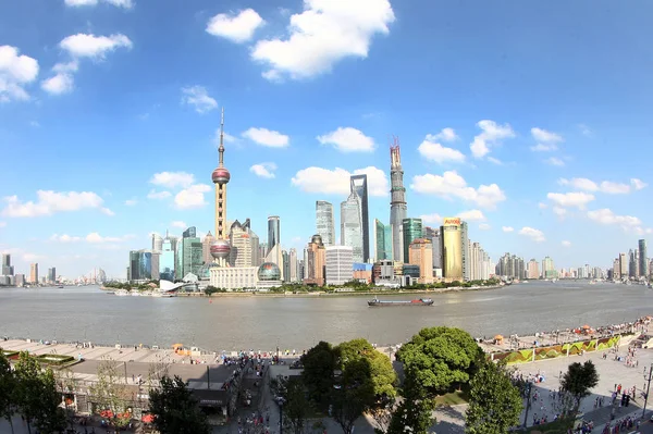 Panoramiczne Widoki Promenadę Bund Przodu Wzdłuż Rzeki Huangpu Dzielnicy Finansowej — Zdjęcie stockowe