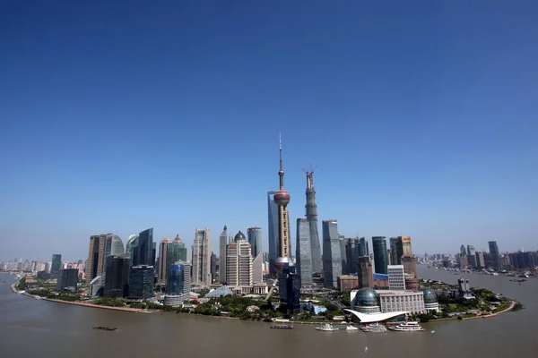 Skyline Rio Huangpu Distrito Financeiro Lujiazui Com Torre Xangai Construção — Fotografia de Stock