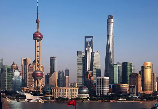Silhuett Floden Huangpu Och Den Lujiazui Financial District Med Oriental — Stockfoto