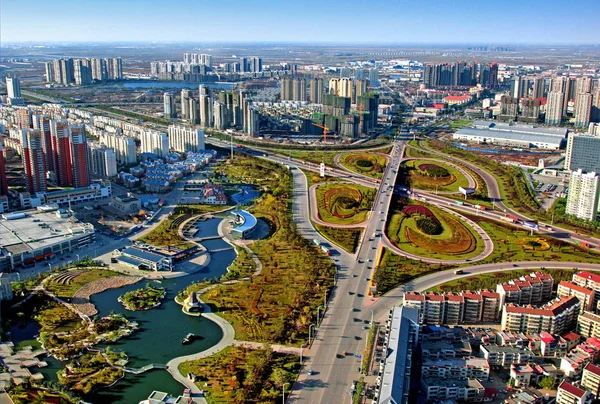 Skyline Binhai New Area Highways High Rise Buildings Houses Tianjin — Stock Photo, Image