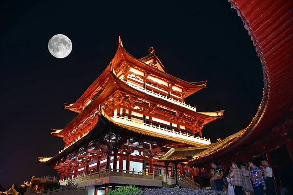 Vue Nocturne Pleine Lune Sur Pavillon Dufu Lors Fête Automne — Photo
