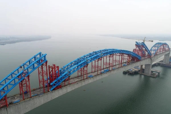 Vue Pont Rivière Cuijiaying Hanjiang Chemin Fer Grande Vitesse Wuhan — Photo